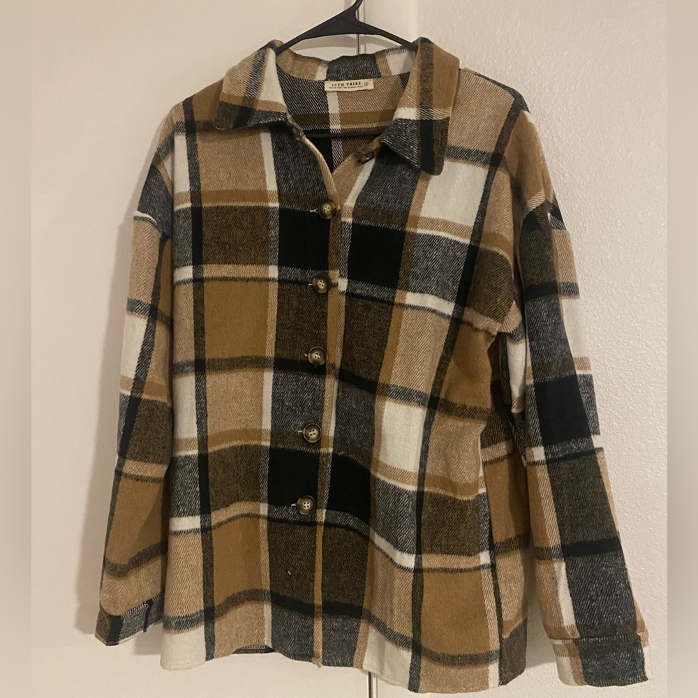 12th Tribe Plaid Button-Up Shacket in Camel, Black & White